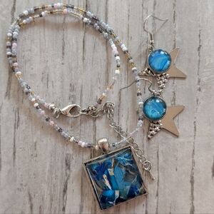 Elegant Silver and Blue Beaded Necklace With Matching Earrings